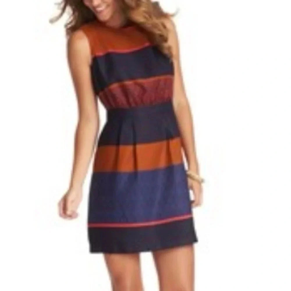 Ann Taylor LOFT Silky Navy Blue & Terracotta Striped Shift Dress Size 2 XS